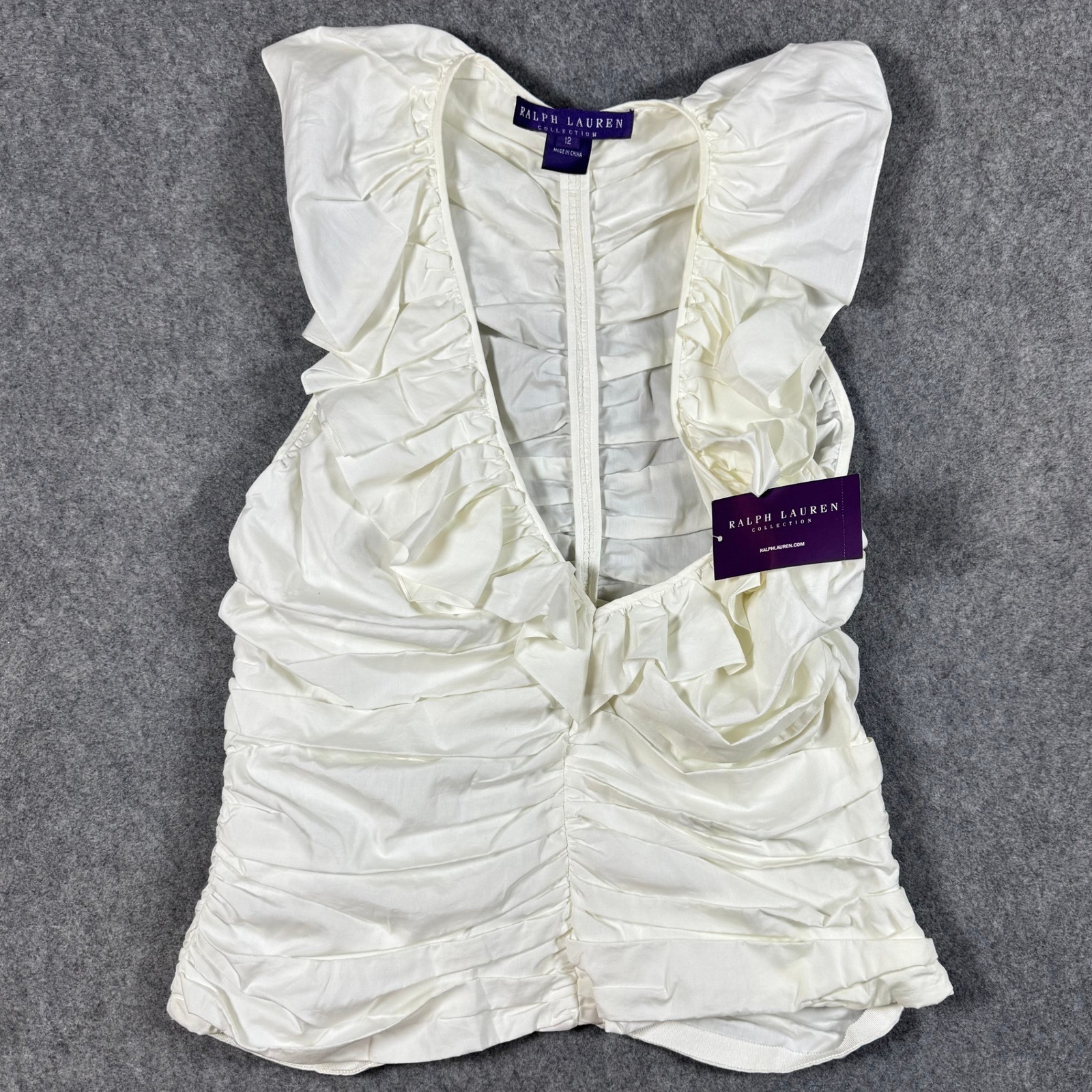 Ralph Lauren Collection Top Womens 12 White Ruffle V-Neck Cotton Blouse Nwt $798